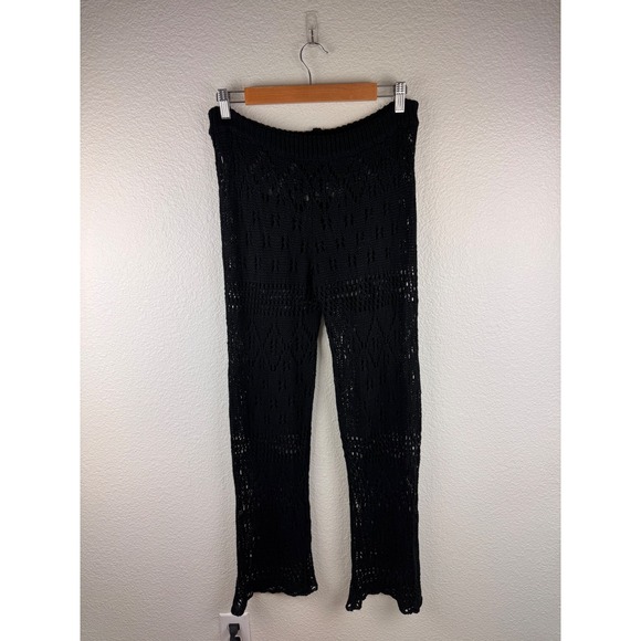 Black Crochet Knit Wide Leg Pants Cover Up Drawstring Beach Boho Size M Resort - Picture 3 of 7